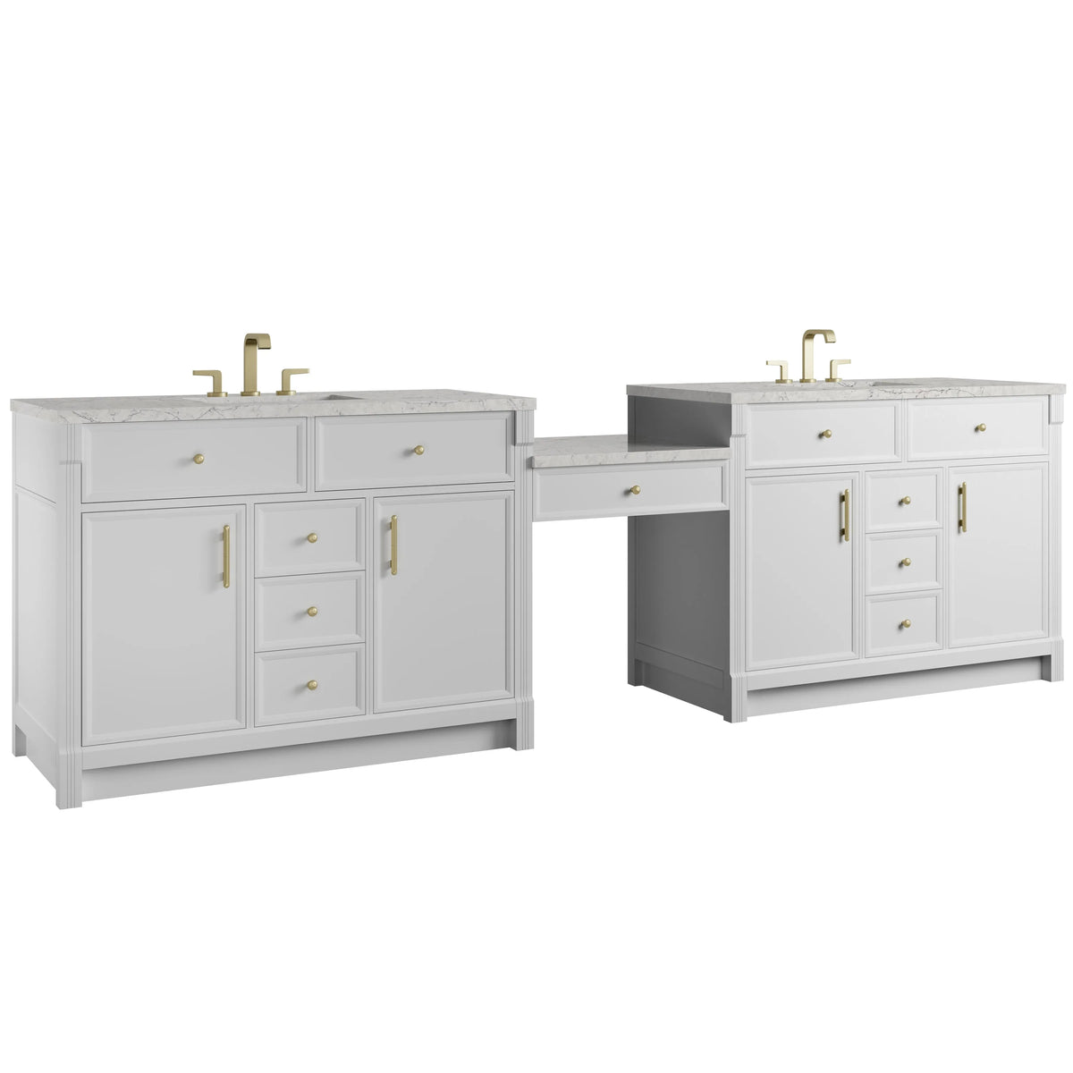 Bellshire 120" Dual Vanity Set with 24" Make-Up Counter, Bright White w/3 cm Eternal Jasmine Pearl Silestone Top