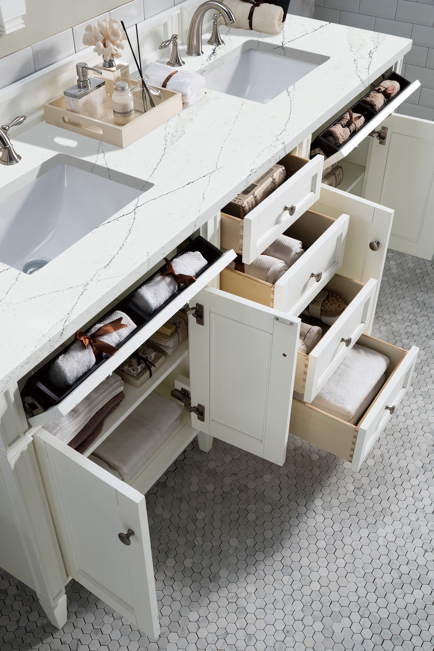 Renovate for Less Atlanta Brittany 72" Double Vanity, Bright White Vanity w/ 3 CM Ethereal Noctis Silestone Top