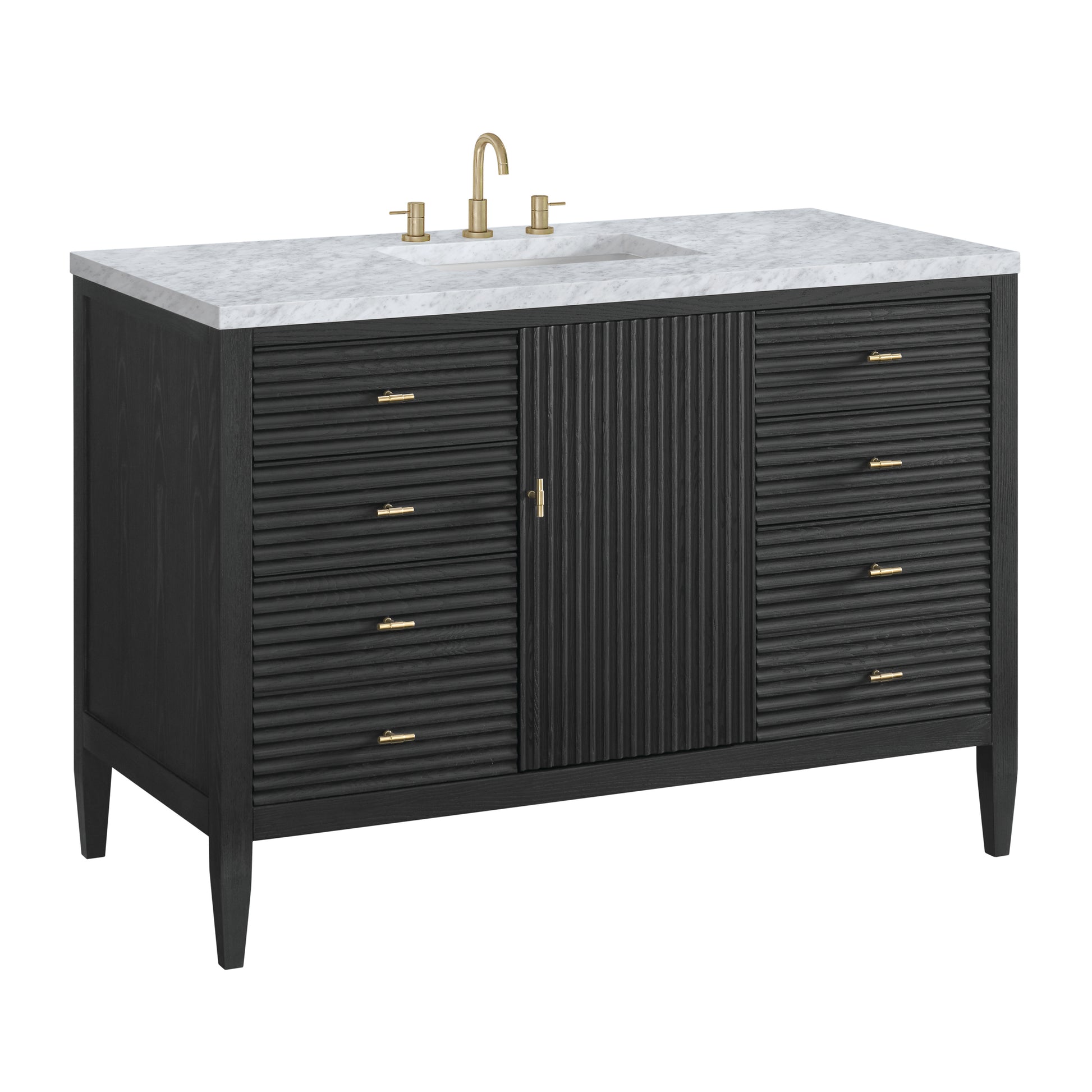 Renovate for Less Atlanta Myrrin 48" Single Vanity, Carbon Oak w/ 3 CM Carrara White Marble Top