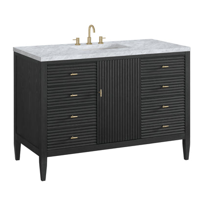 Renovate for Less Atlanta Myrrin 48" Single Vanity, Carbon Oak w/ 3 CM Carrara White Marble Top