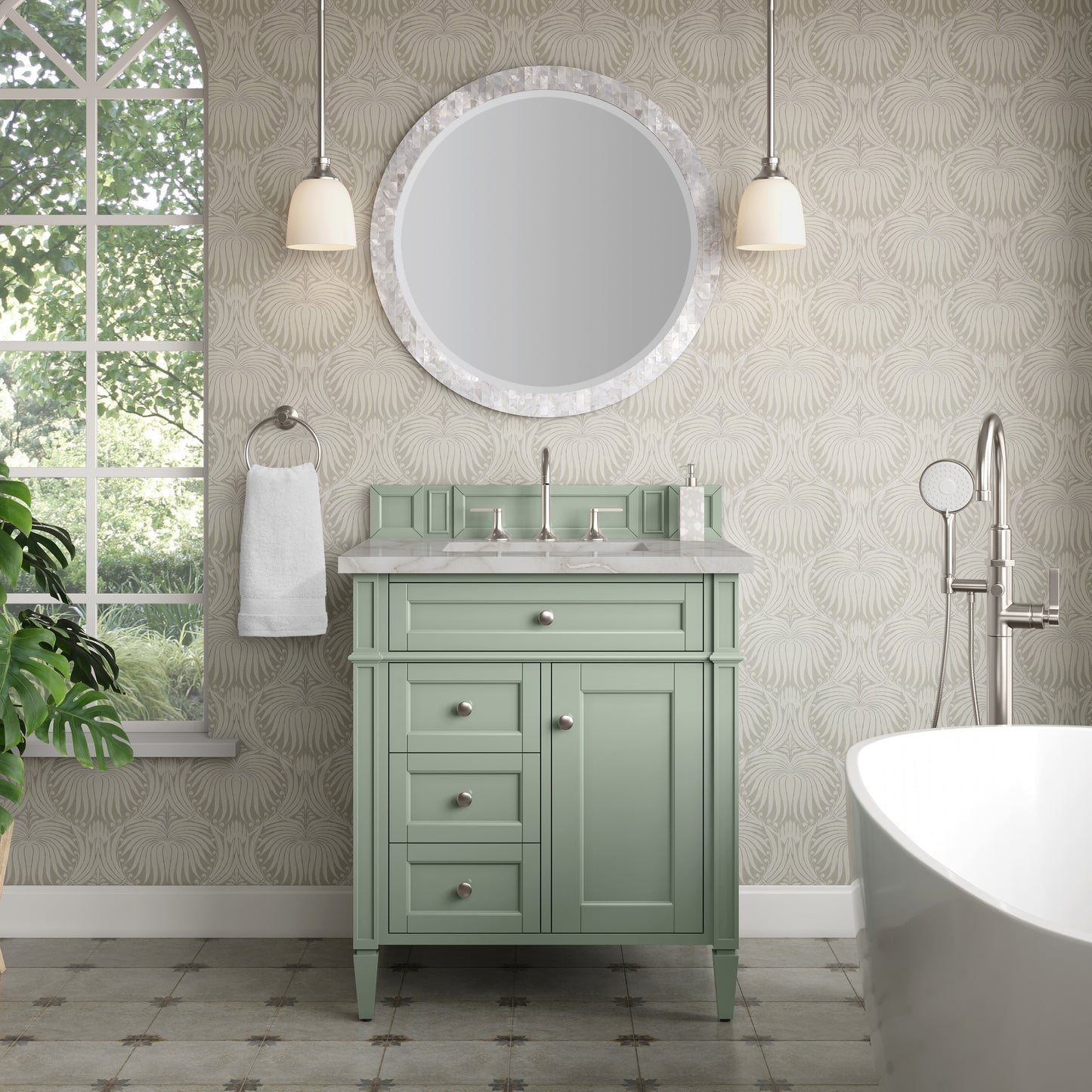 Renovate for Less Atlanta Brittany 30" Single Vanity, Sage Green, w/ 3 CM Victorian Silver Silestone Top