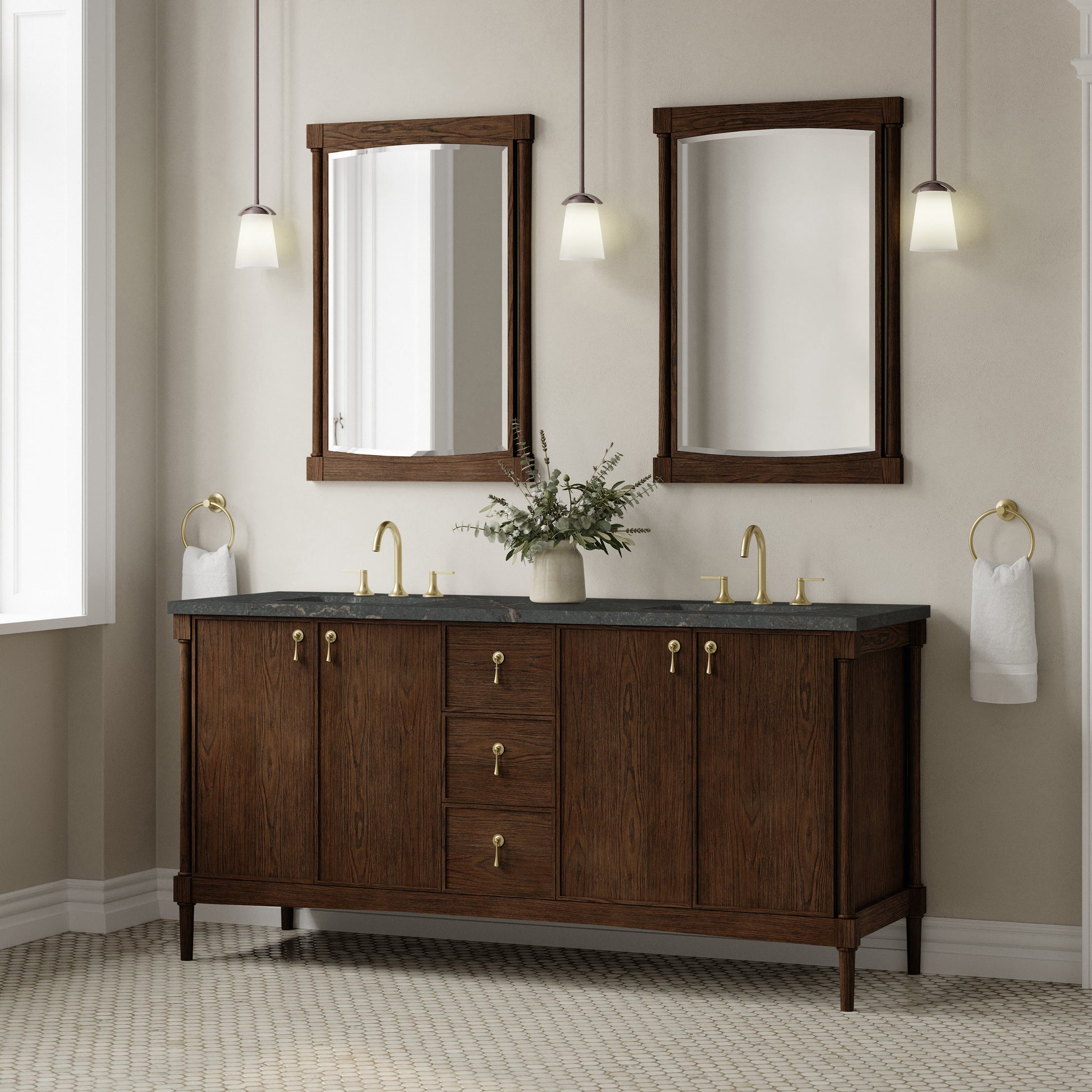 Renovate for Less Atlanta Kinnsden 72" Double Vanity, Sable Oak w/ 3 CM Parisien Bleu Silestone Top