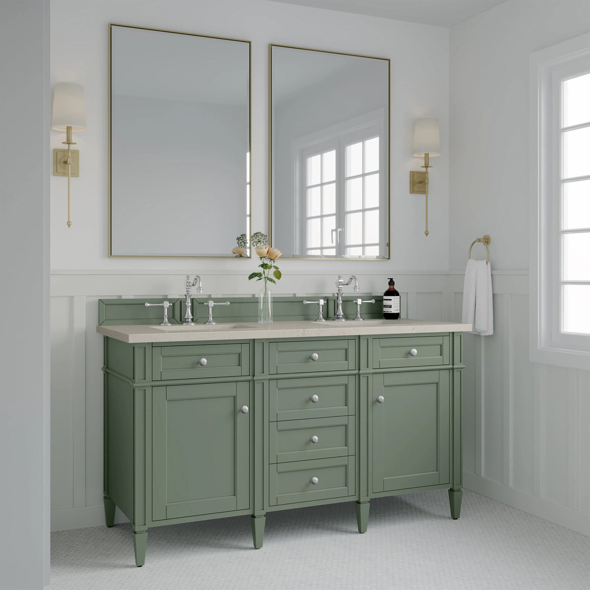 Brittany 60" Double Vanity, Smokey Celadon, w/ 3 CM Siberian Silestone Top