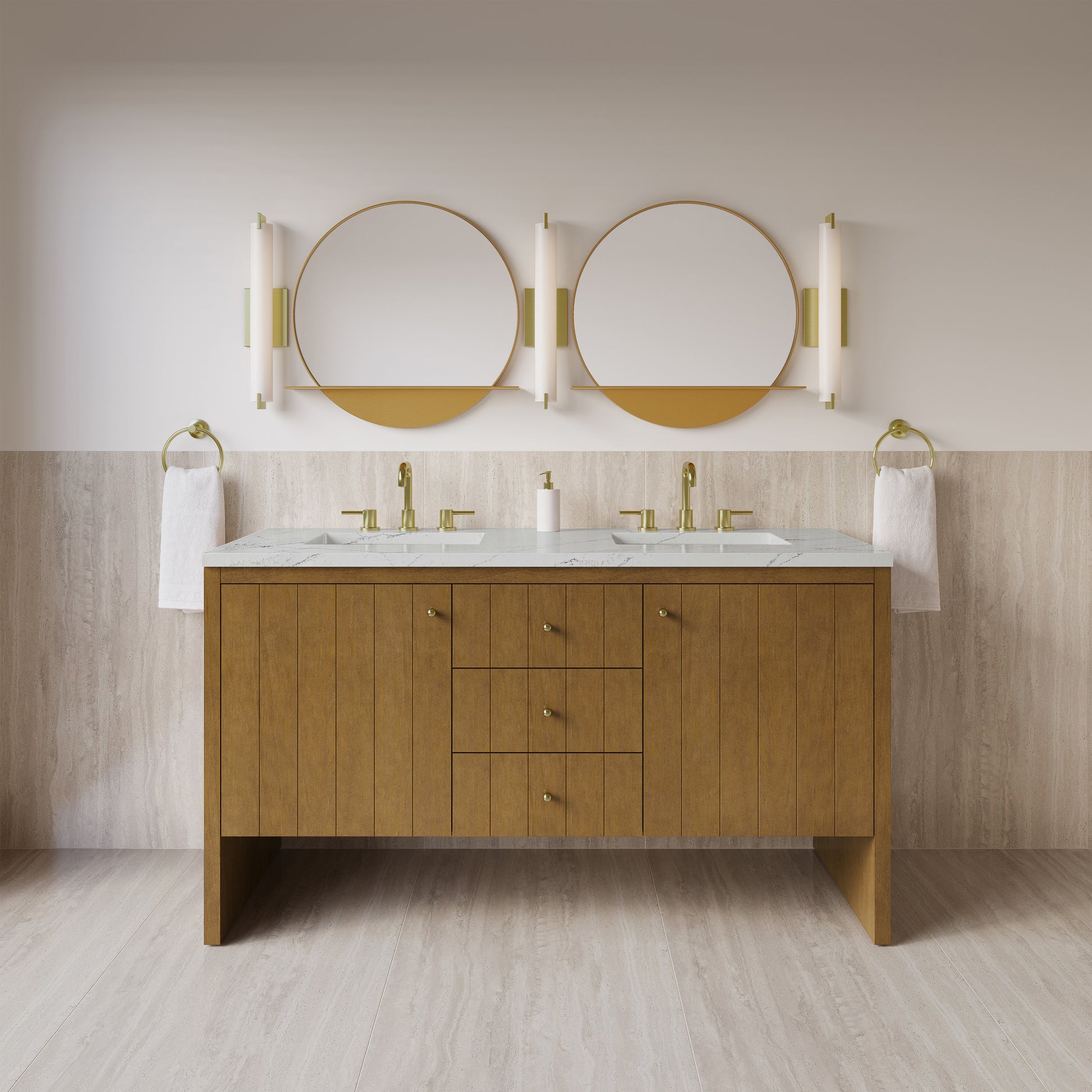 Renovate for Less Atlanta Hudson 60" Double Vanity, Honey Oak w/ 3 CM Ethereal Noctis Silestone Top