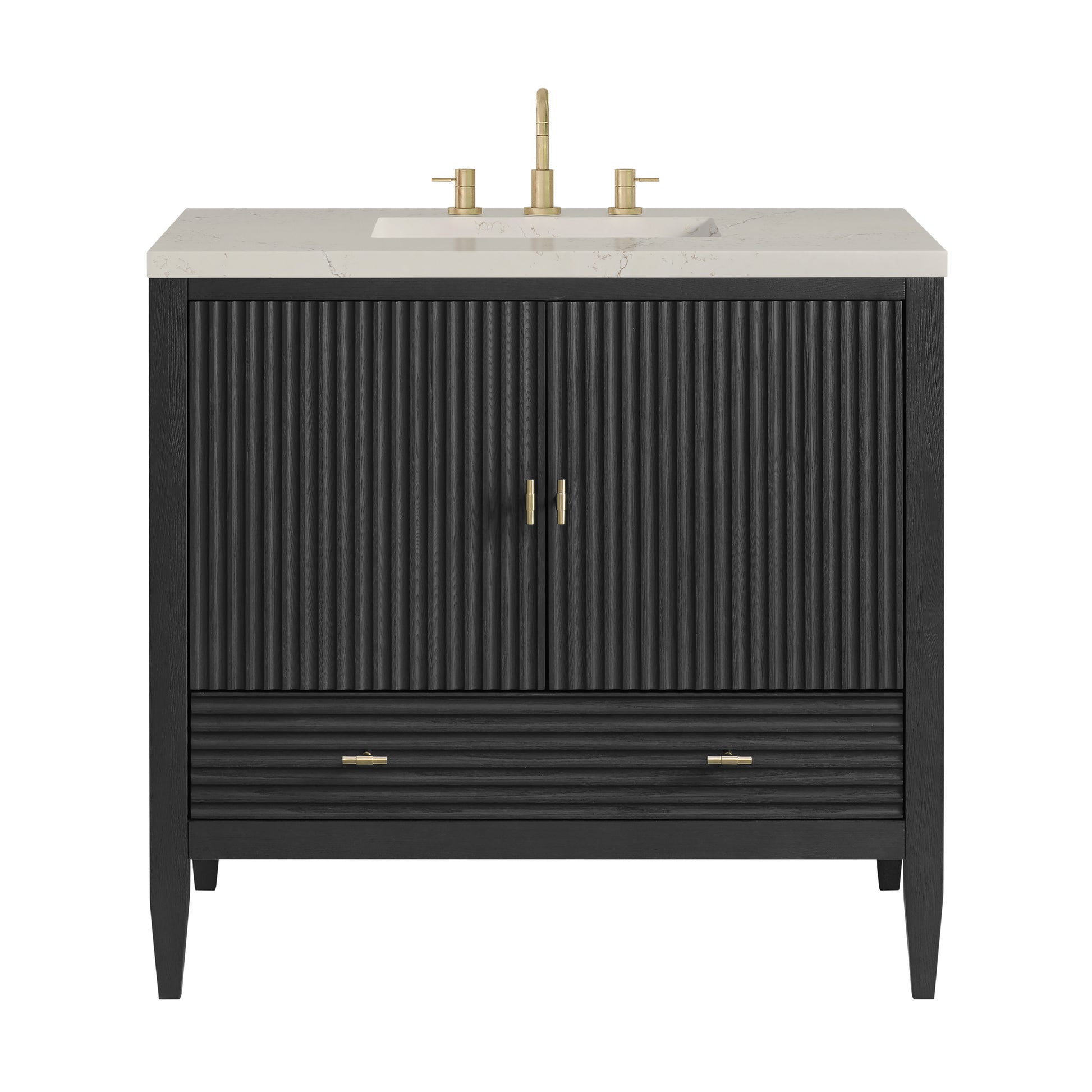 Renovate for Less Atlanta Myrrin 36" Vanity, Carbon Oak, w/ 3 CM Siberian Silestone Top