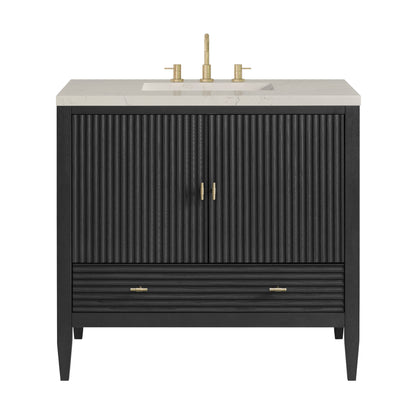 Renovate for Less Atlanta Myrrin 36" Vanity, Carbon Oak, w/ 3 CM Siberian Silestone Top