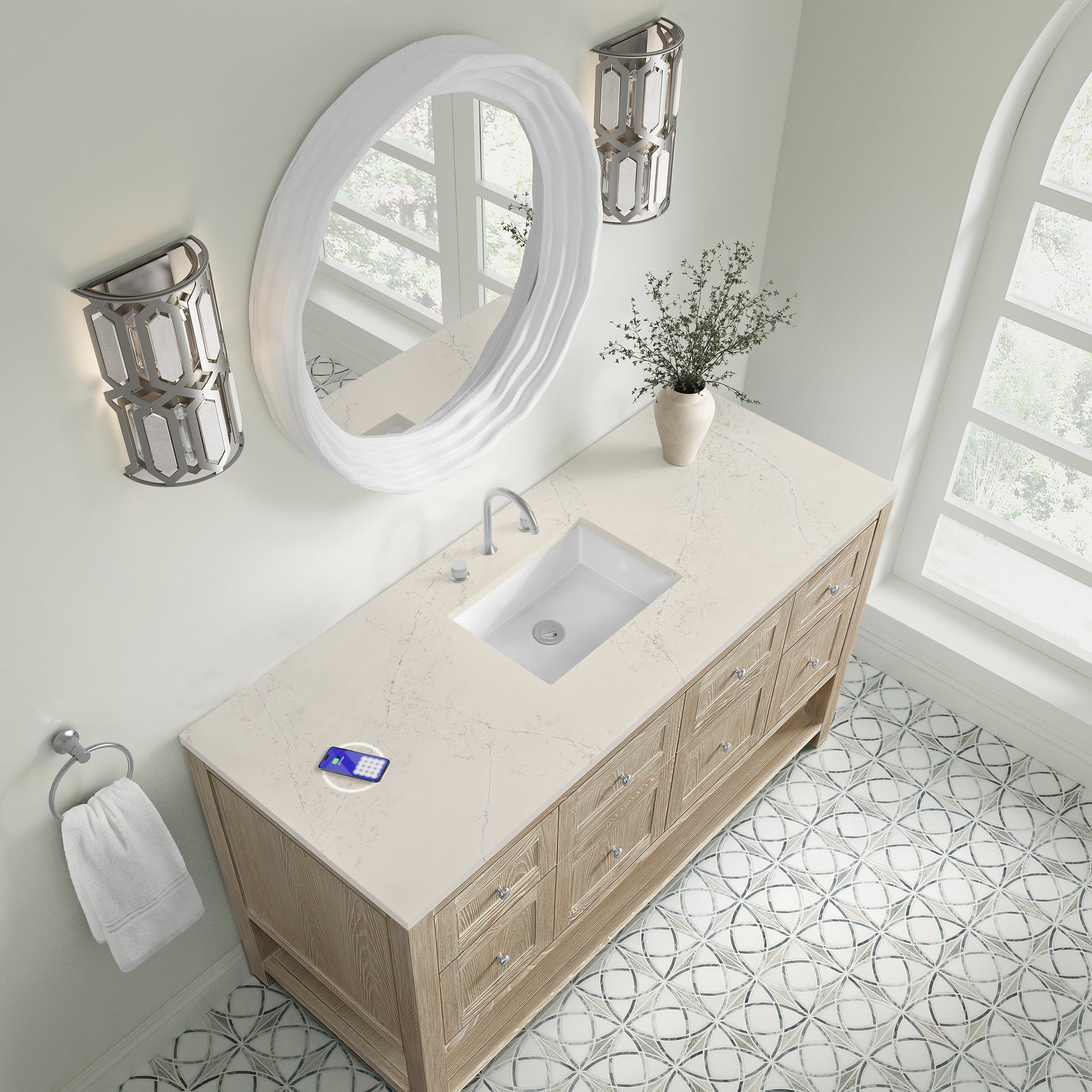 Renovate for Less Atlanta Breckenridge 60" Single Vanity, Whitewashed Oak, w/ 3 CM Siberian Silestone Top w/FreePower Wireless Charger