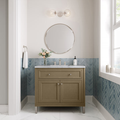 Renovate for Less Atlanta Chicago 36" Single Vanity, Walnut Whisper, w/ 3 CM Carrara Marble Top