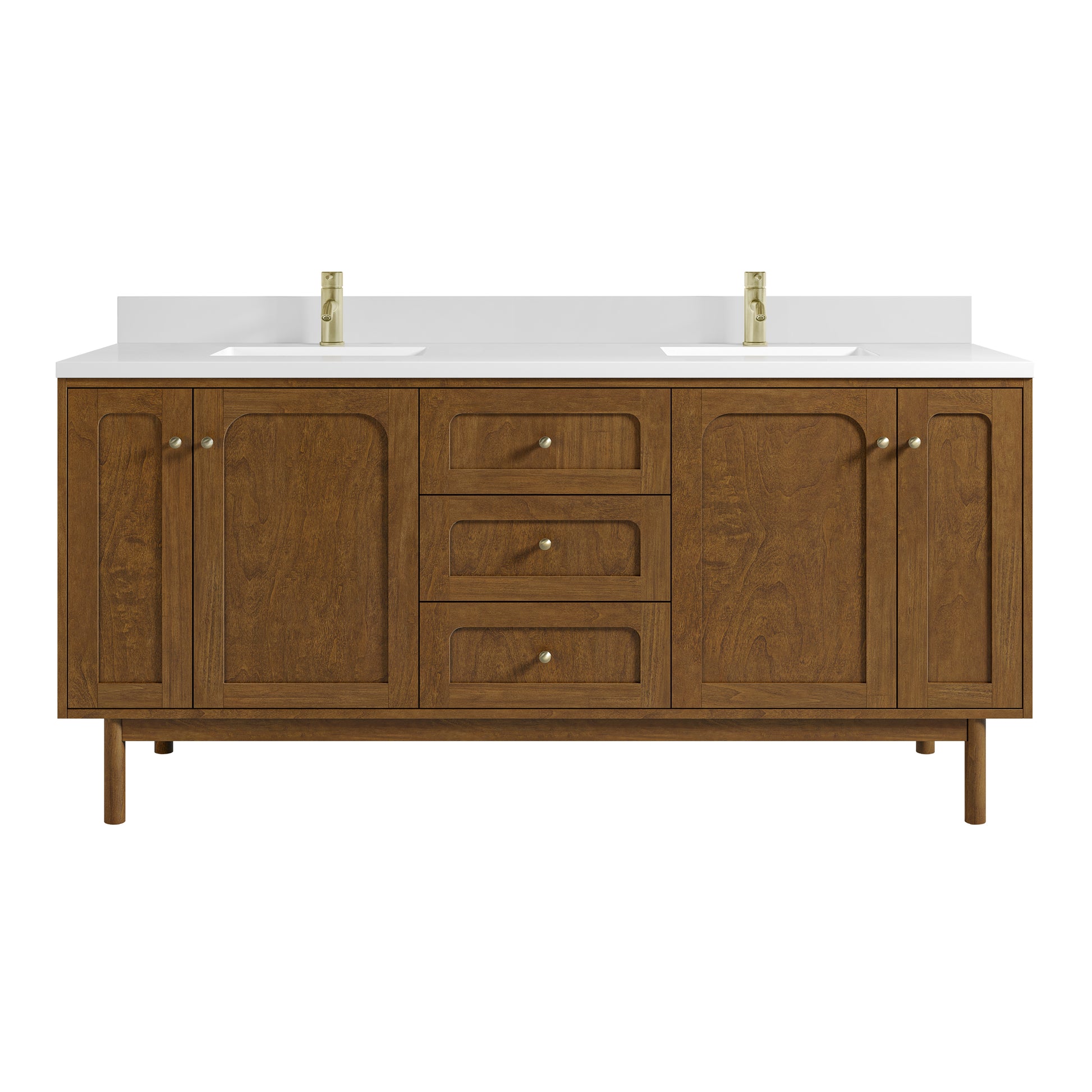 Renovate for Less Atlanta Laurent 72" Double Vanity, Honey Oak w/ Single Hole 3 CM White Zeus Silestone Top and Matching Backsplash