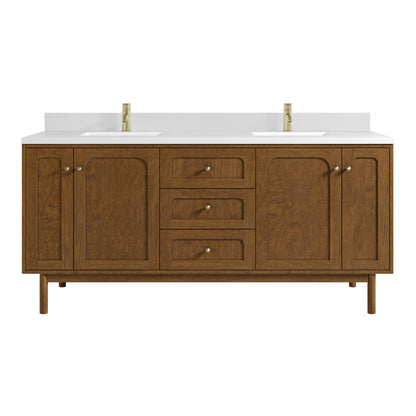 Renovate for Less Atlanta Laurent 72" Double Vanity, Honey Oak w/ Single Hole 3 CM White Zeus Silestone Top and Matching Backsplash