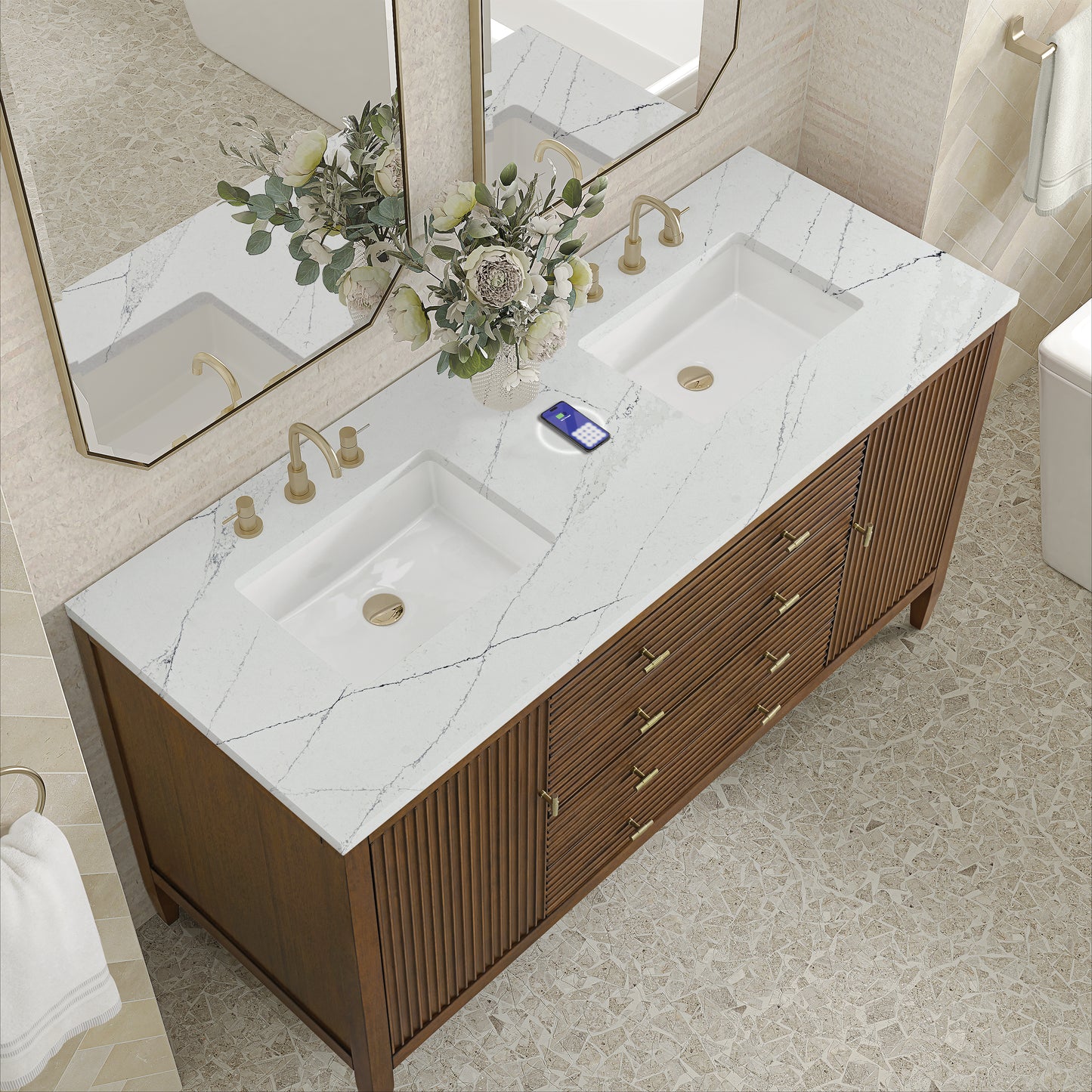 Renovate for Less Atlanta Myrrin 60" Double Vanity, Mid Century Walnut w/ 3 CM Ethereal Noctis Silestone Top w/FreePower Wireless Charger