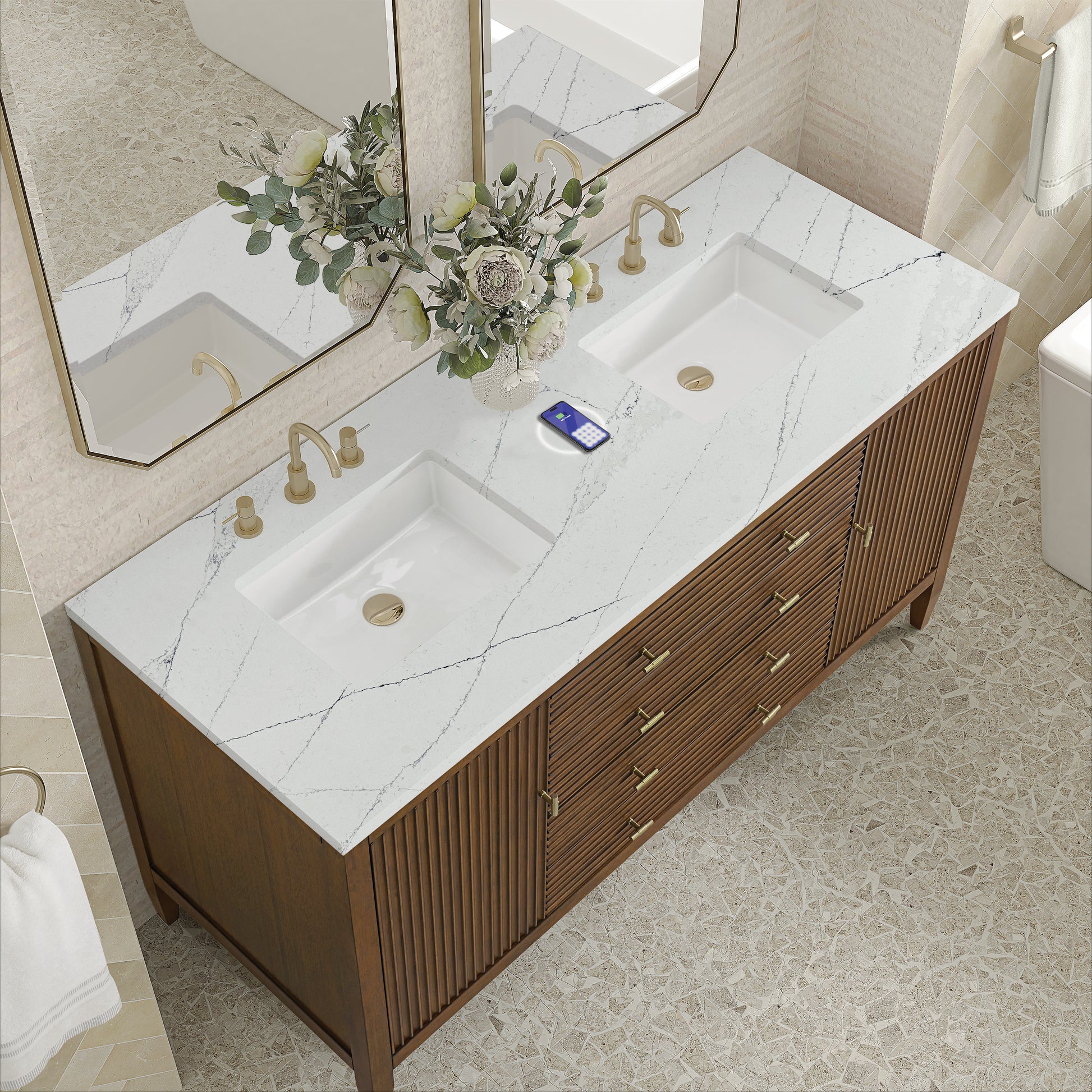 Renovate for Less Atlanta Myrrin 60" Double Vanity, Mid Century Walnut w/ 3 CM Ethereal Noctis Silestone Top w/FreePower Wireless Charger