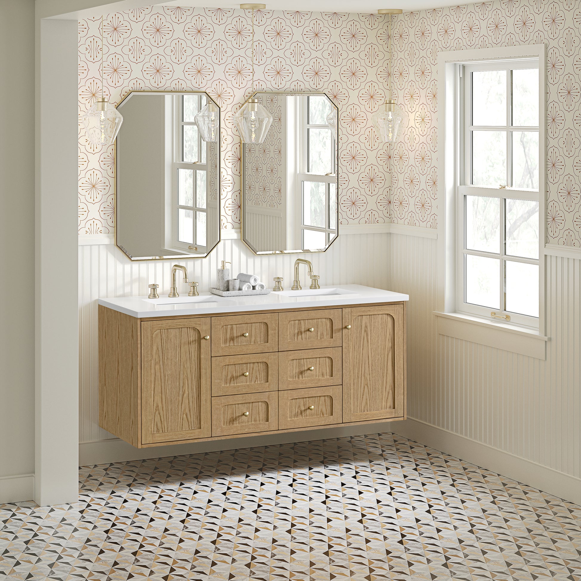 Renovate for Less Atlanta Laurent 60" Double Vanity, Light Natural Oak, w/ 3 CM White Zeus Quartz Top