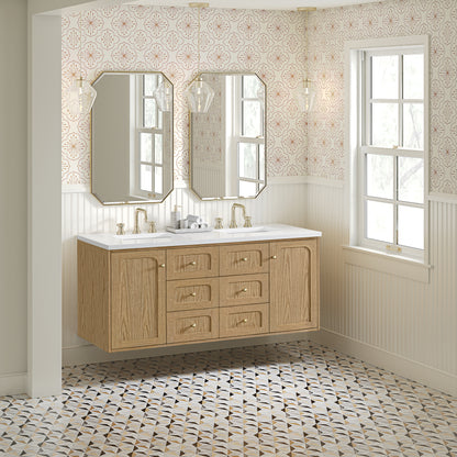 Renovate for Less Atlanta Laurent 60" Double Vanity, Light Natural Oak, w/ 3 CM White Zeus Quartz Top