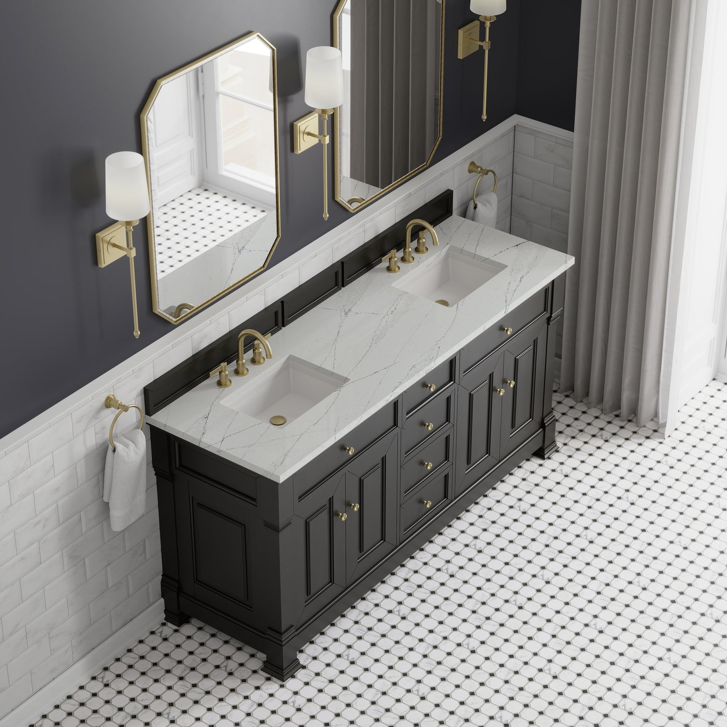 Renovate for Less Atlanta Brookfield 72" Double Vanity, Black Onyx w/ 3 CM Ethereal Noctis Silestone Top w/ FreePower Wireless Charger