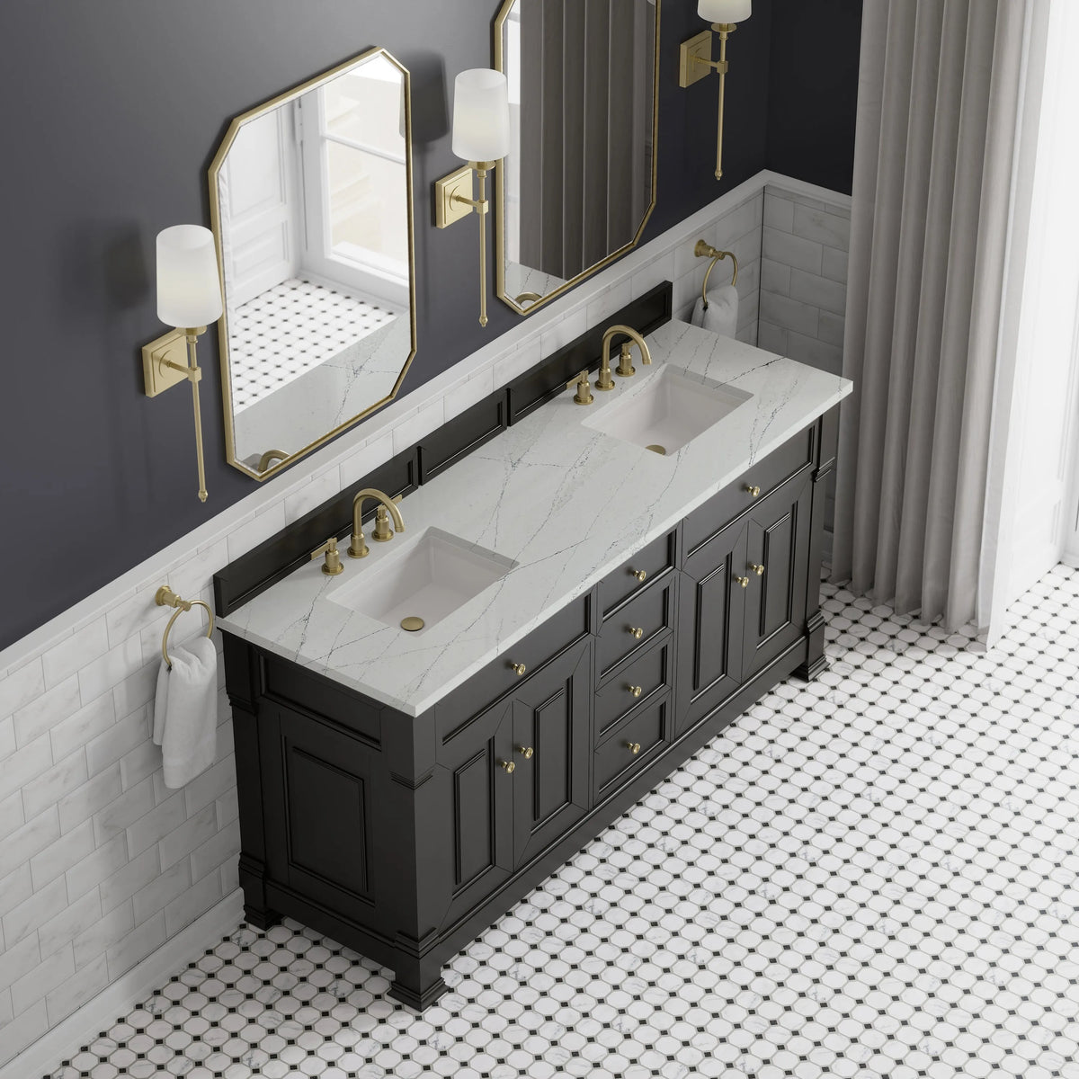 Brookfield 72" Double Vanity, Black Onyx w/ 3 CM Ethereal Noctis Silestone Top w/ FreePower Wireless Charger