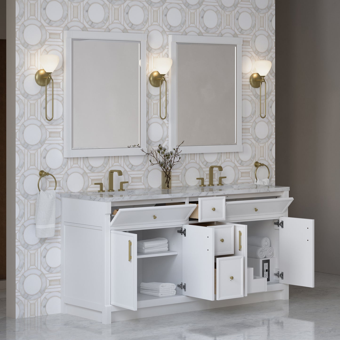 Renovate for Less Atlanta Bellshire 72" Double Vanity, Bright White w/ 3 CM Carrara Marble Top
