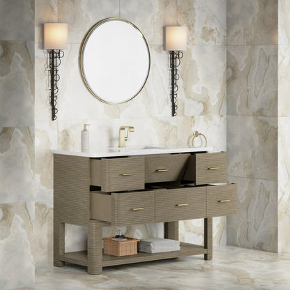 Renovate for Less Atlanta Lucian 48" Single Vanity, Pebble Oak w/ 3 CM White Zeus Silestone Top