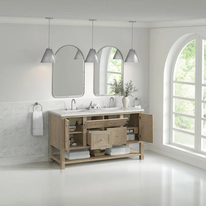 Breckenridge 60" Double Vanity, Whitewashed Oak, w/ 3 CM Lime Delight Quartz Top