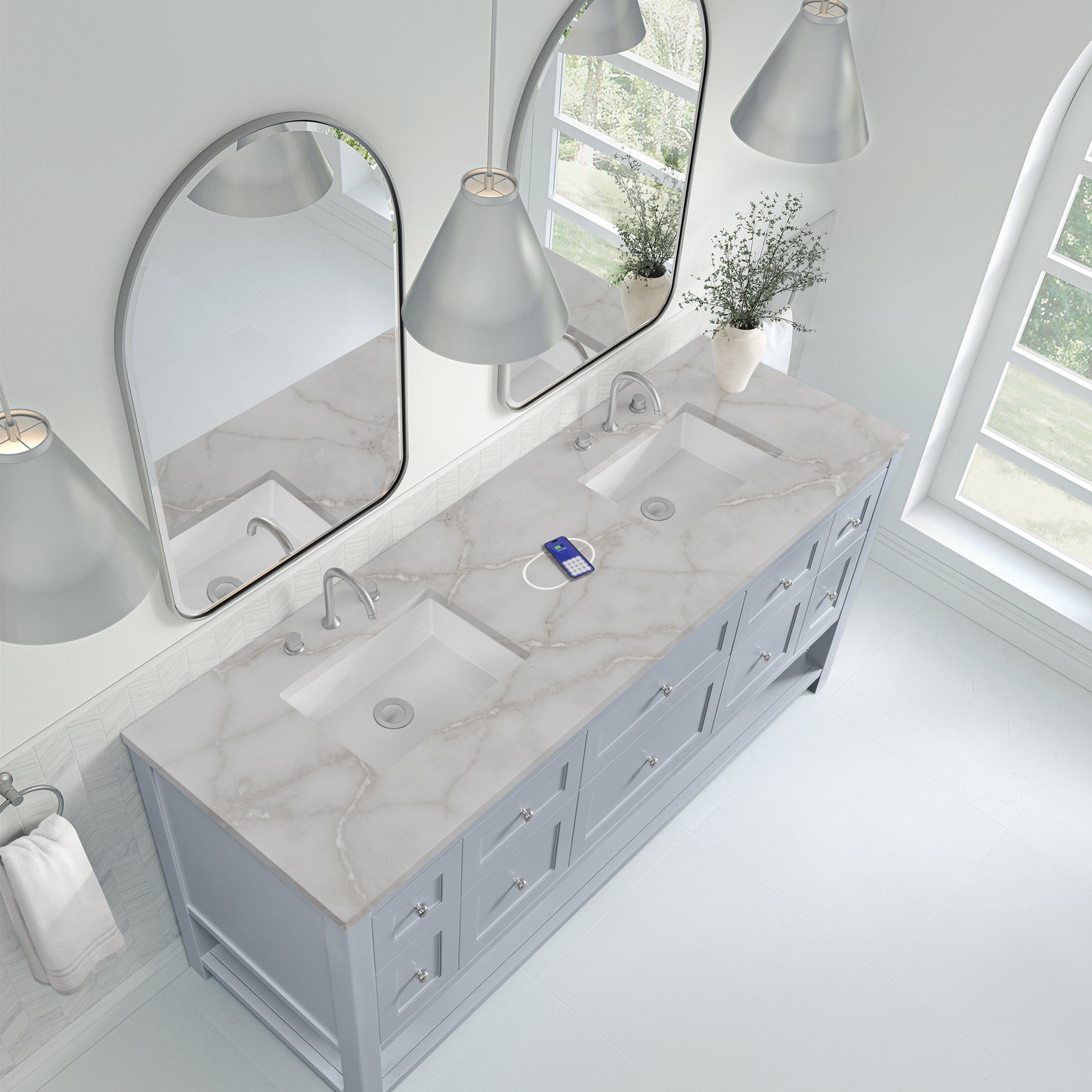 Renovate for Less Atlanta Breckenridge 72" Double Vanity, Serenity Blue, w/ 3 CM Victorian Silver Quartz Top w/FreePower Wireless Charger