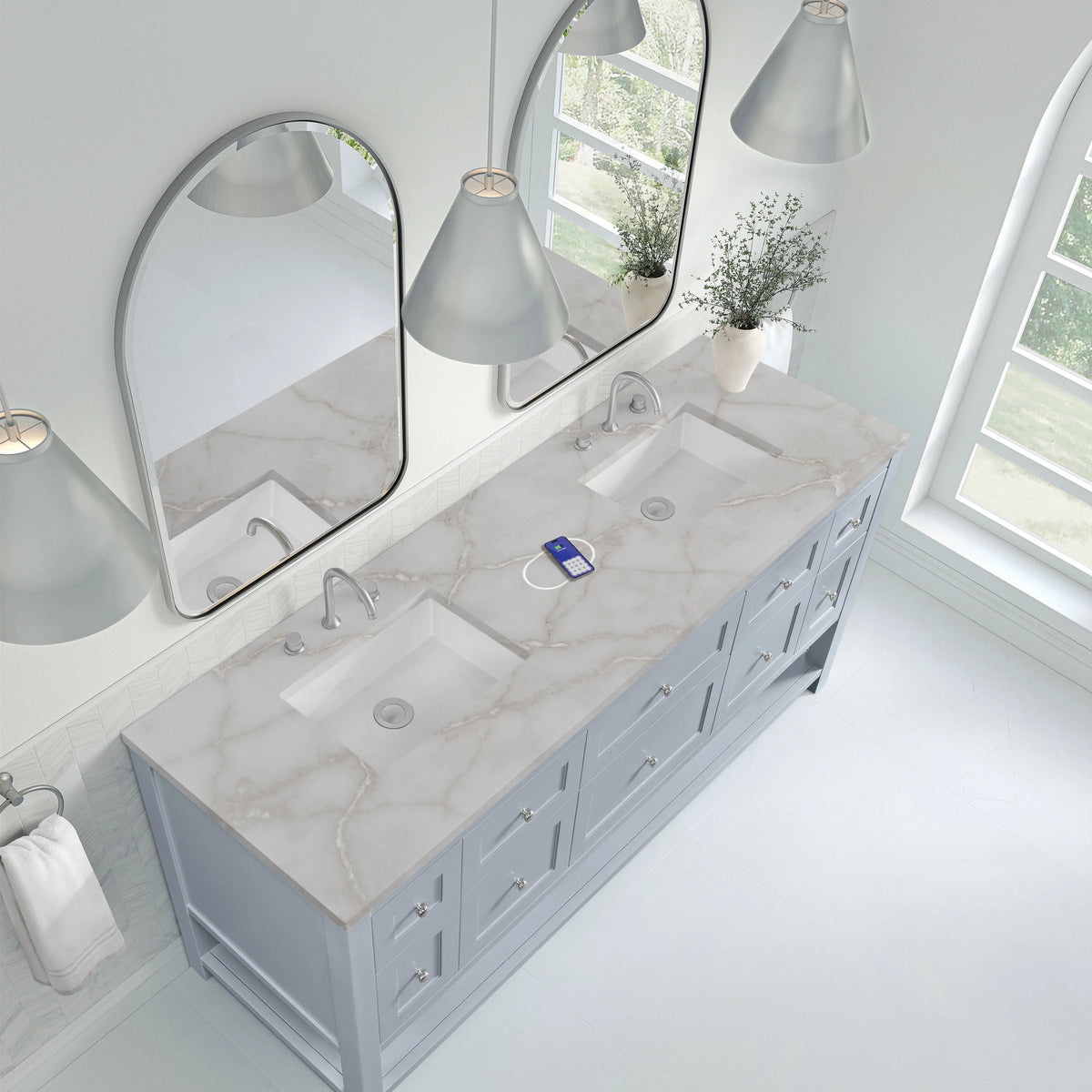 Breckenridge 72" Double Vanity, Serenity Blue, w/ 3 CM Victorian Silver Quartz Top w/FreePower Wireless Charger