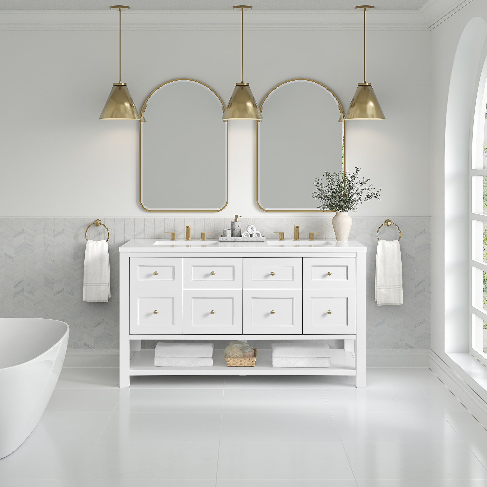 Renovate for Less Atlanta Breckenridge 60" Double Vanity, Bright White, w/ 3 CM White Zeus Quartz Top