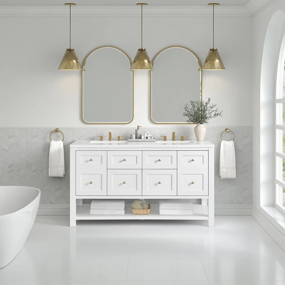 Breckenridge 60" Double Vanity, Bright White, w/ 3 CM White Zeus Quartz Top