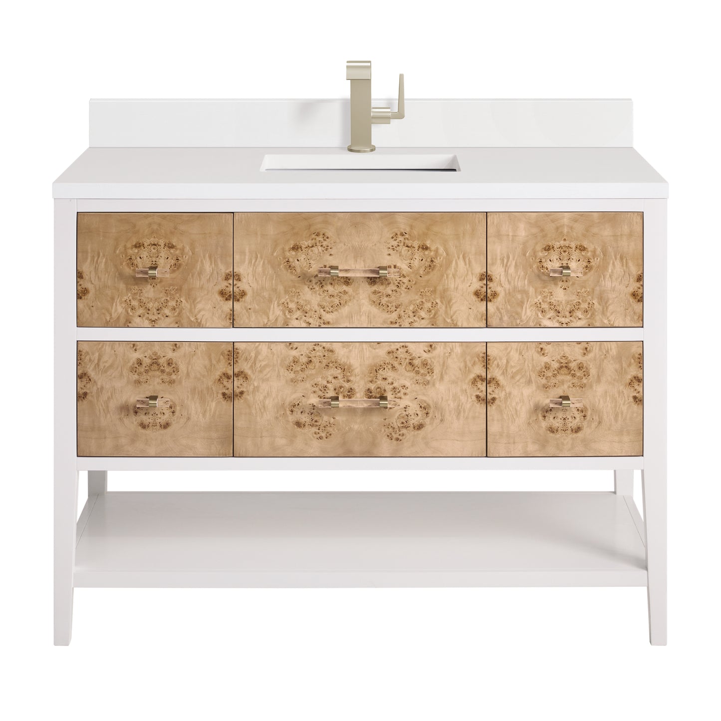 Renovate for Less Atlanta Olena 48" Single Vanity, Light Mappa Burl and Polished White w/ Single Hole 3 CM White Zeus Silestone Top & Backsplash