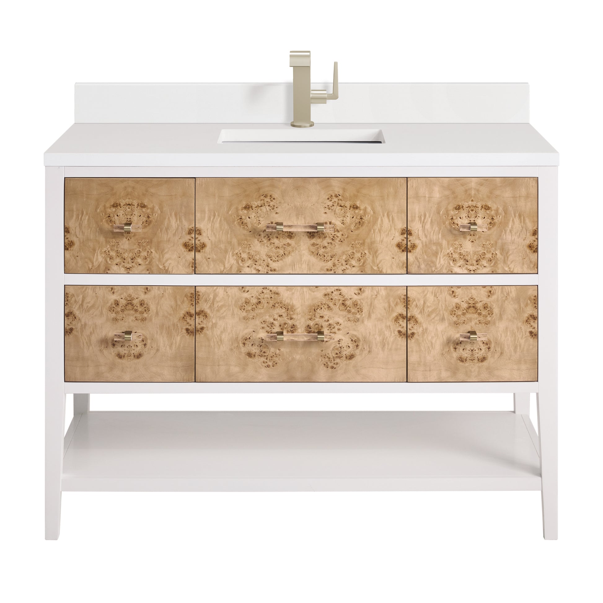Renovate for Less Atlanta Olena 48" Single Vanity, Light Mappa Burl and Polished White w/ Single Hole 3 CM White Zeus Silestone Top & Backsplash