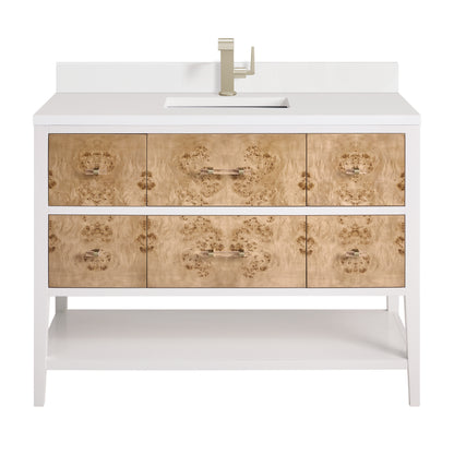 Renovate for Less Atlanta Olena 48" Single Vanity, Light Mappa Burl and Polished White w/ Single Hole 3 CM White Zeus Silestone Top & Backsplash