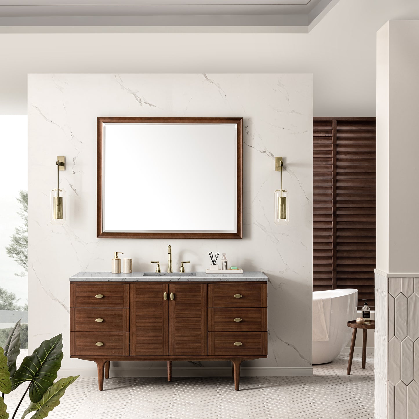 Renovate for Less Atlanta Amberly 60" Single Vanity, Mid-Century Walnut w/ 3 CM Eternal Jasmine Pearl Top w/FreePower Wireless Charger