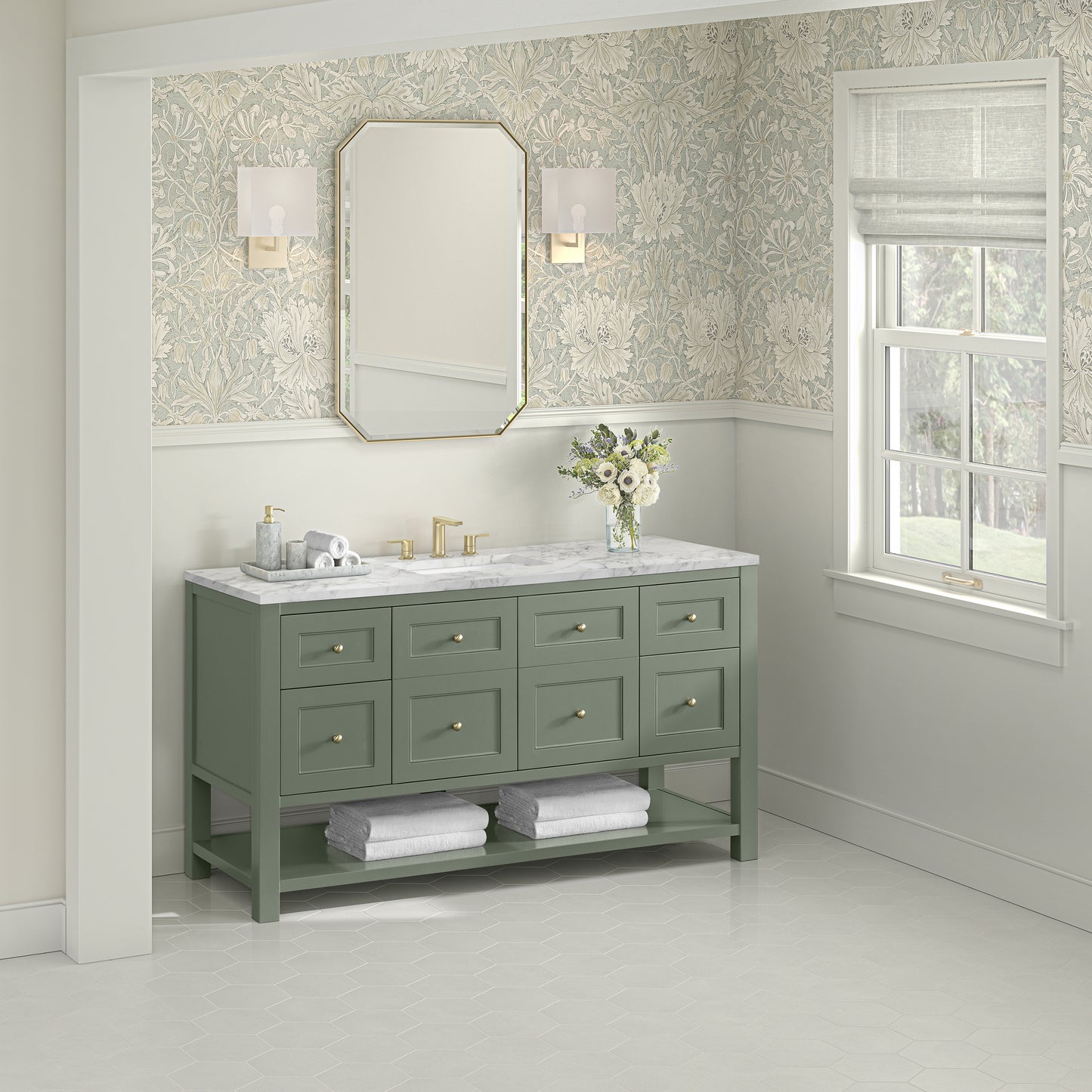 Renovate for Less Atlanta Breckenridge 60" Single Vanity, Smokey Celadon, w/ 3 CM Carrara Marble Top