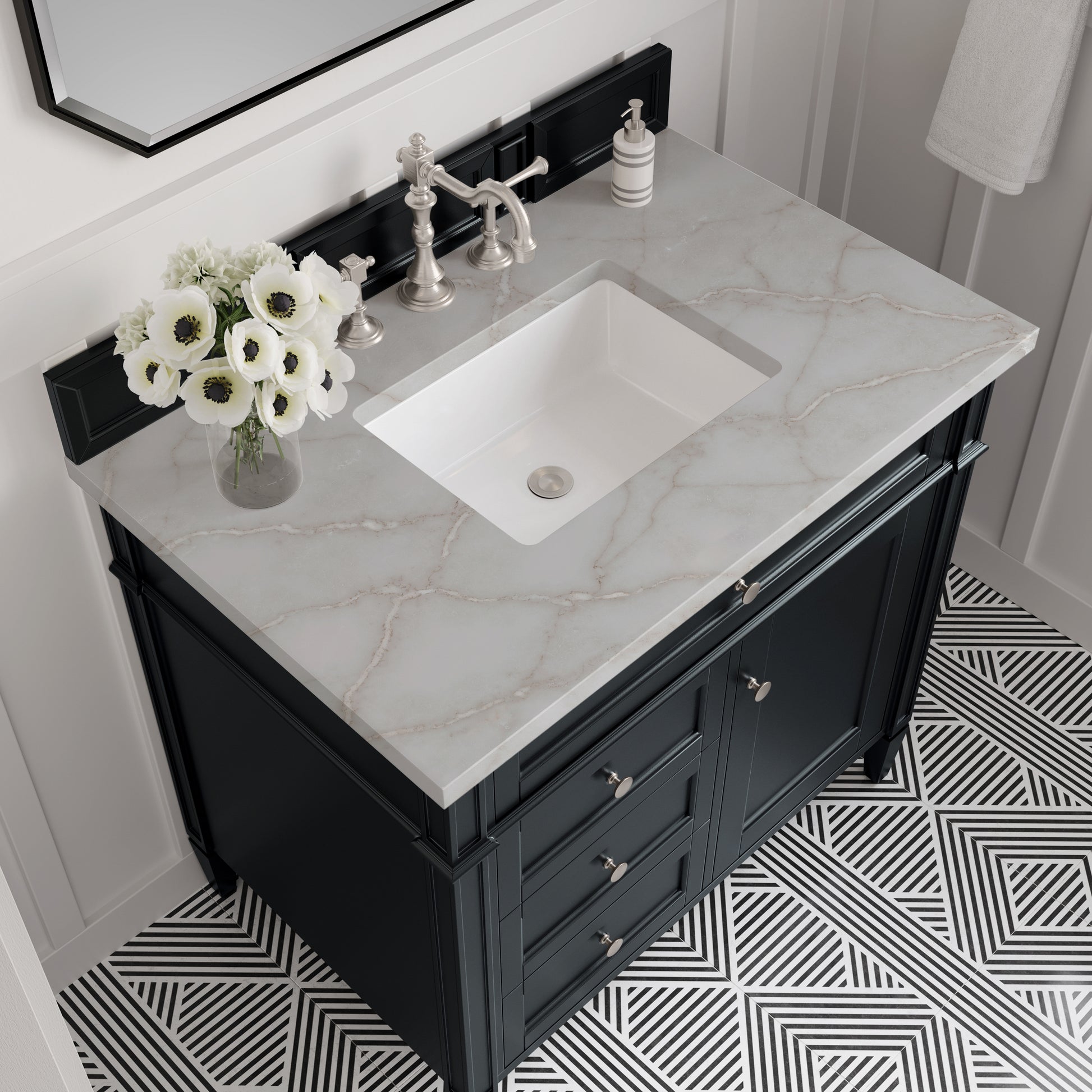 Renovate for Less Atlanta Brittany 36" Single Vanity, Black Onyx w/ 3 CM Victorian Silver Silestone Top