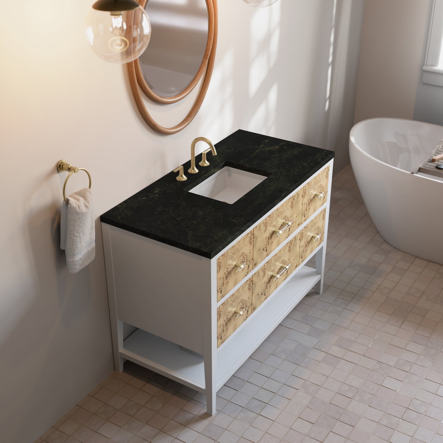 Renovate for Less Atlanta Olena 48" Single Vanity, Light Mappa Burl and Polished White, w/ 3 CM Phantome Eclos Top