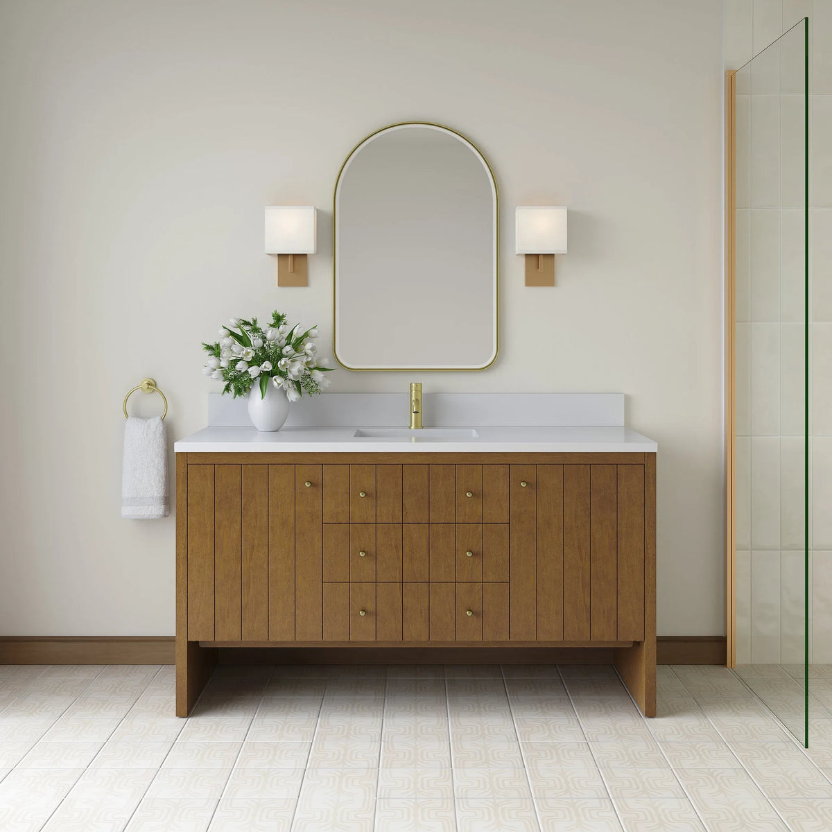 Hudson 60" Single Vanity, Honey Oak w/ Single Hole 3 CM White Zeus Silestone Top and Matching Backsplash