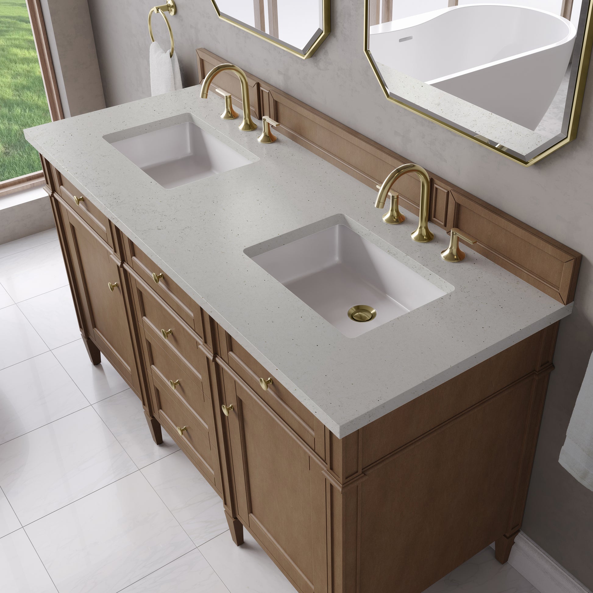 Renovate for Less Atlanta Brittany 60" Double Vanity, Pecan w/ 3 CM Lime Delight Silestone Top
