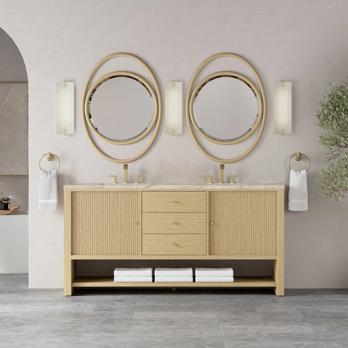 Marigot 72" Double Vanity, Sunwashed Oak, w/ 3 CM Tajnar Eclos Top