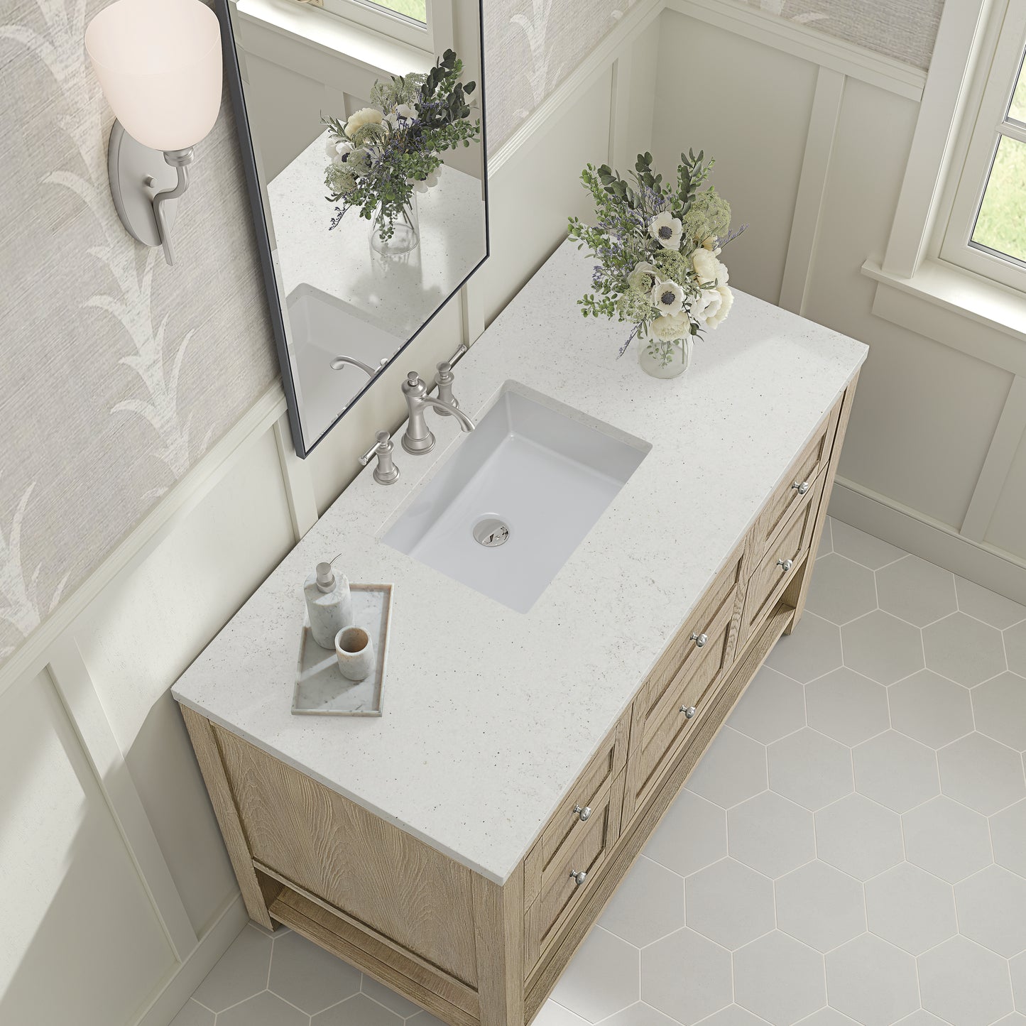Renovate for Less Atlanta Breckenridge 48" Single Vanity, Whitewashed Oak w/ 3 CM Lime Delight Silestone Top