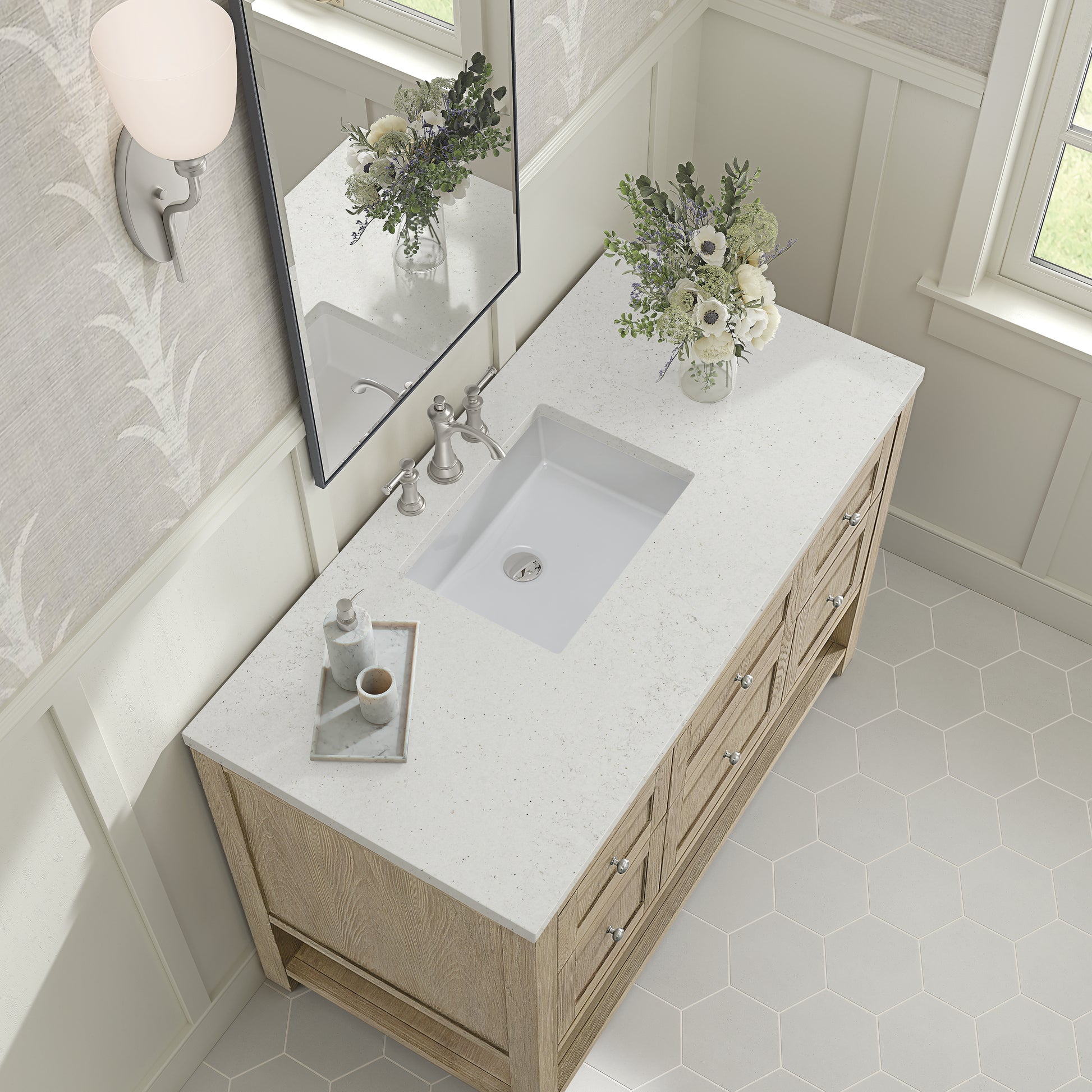 Renovate for Less Atlanta Breckenridge 48" Single Vanity, Whitewashed Oak w/ 3 CM Lime Delight Silestone Top