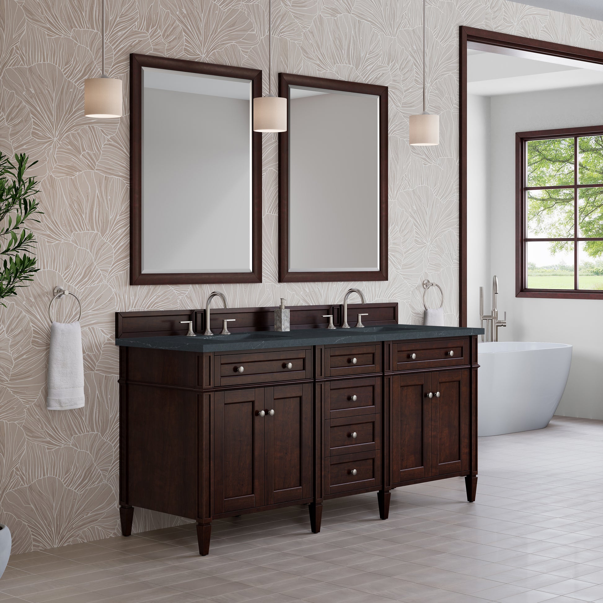 Renovate for Less Atlanta Brittany 72" Double Vanity, Burnished Mahogany w/ 3 CM Charcoal Soapstone Silestone Top