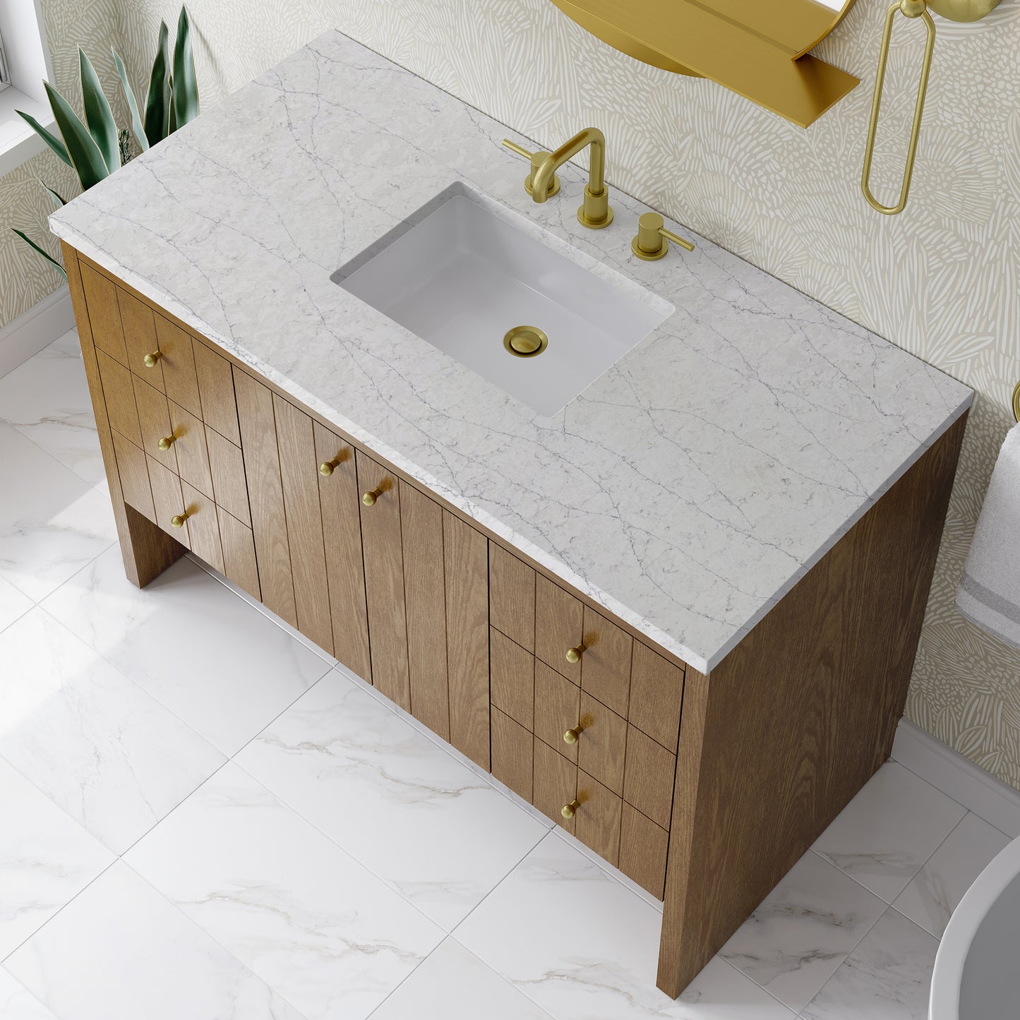 Renovate for Less Atlanta Hudson 48" Single Vanity, Honey Oak w/ 3 CM Eternal Jasmine Pearl Silestone Top