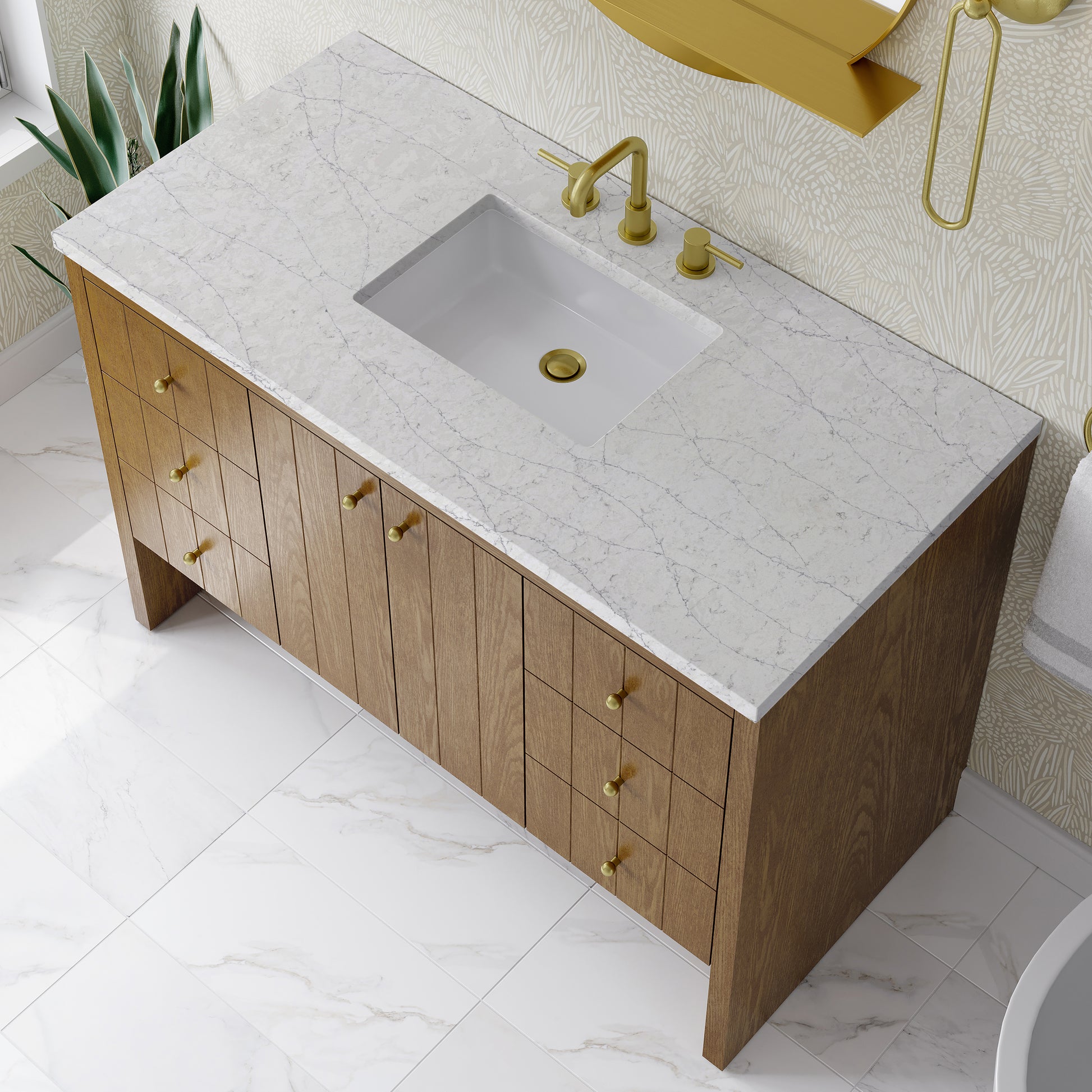 Renovate for Less Atlanta Hudson 48" Single Vanity, Honey Oak w/ 3 CM Eternal Jasmine Pearl Silestone Top