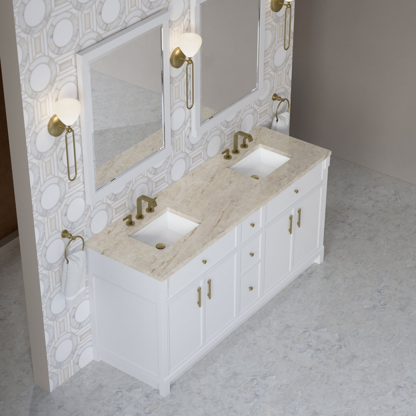 Renovate for Less Atlanta Bellshire 72" Double Vanity, Bright White w/ 3 CM Tajnar Eclos Top