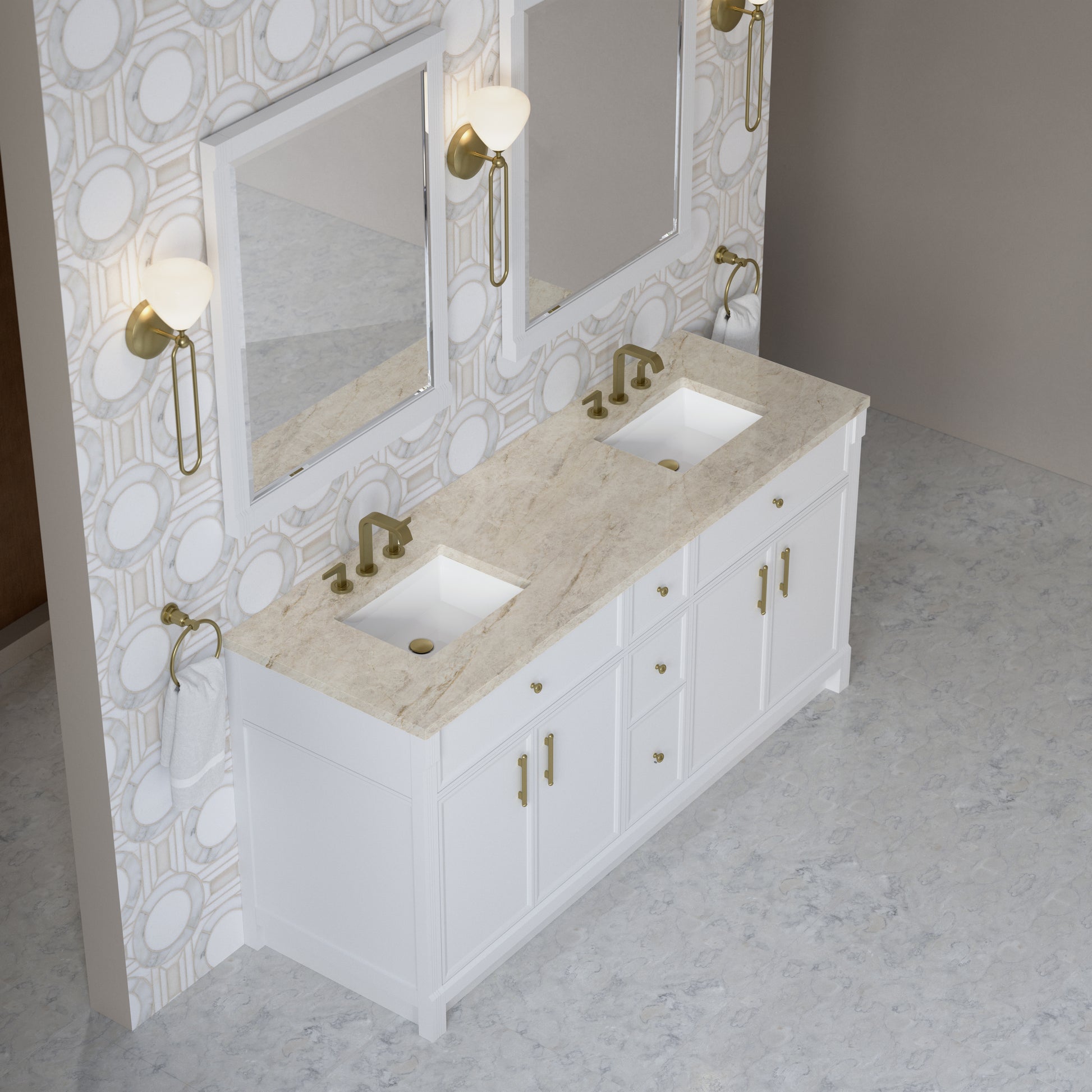 Renovate for Less Atlanta Bellshire 72" Double Vanity, Bright White w/ 3 CM Tajnar Eclos Top
