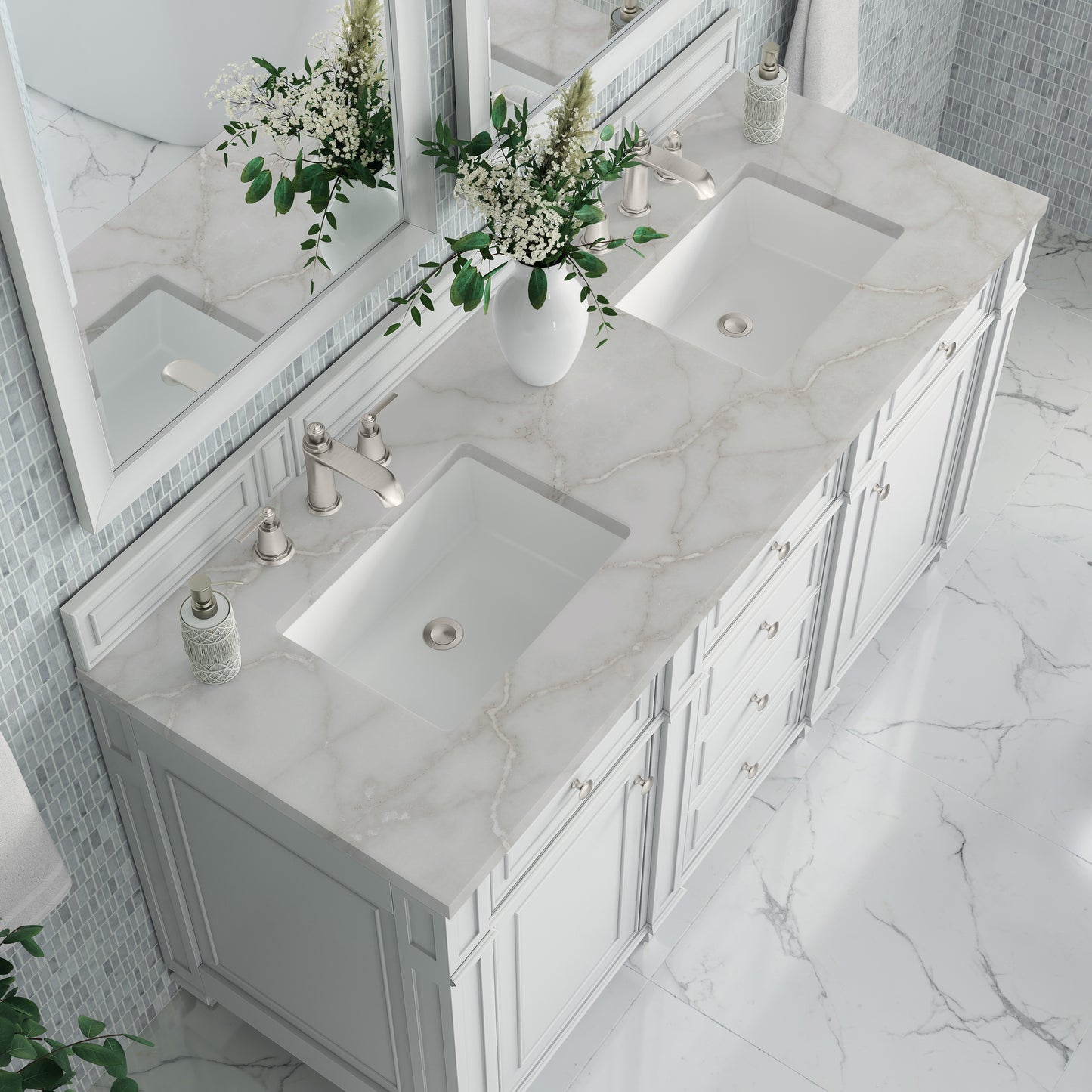 Renovate for Less Atlanta Bristol 60" Double Vanity, Bright White w/ 3 CM Victorian Silver Silestone Top