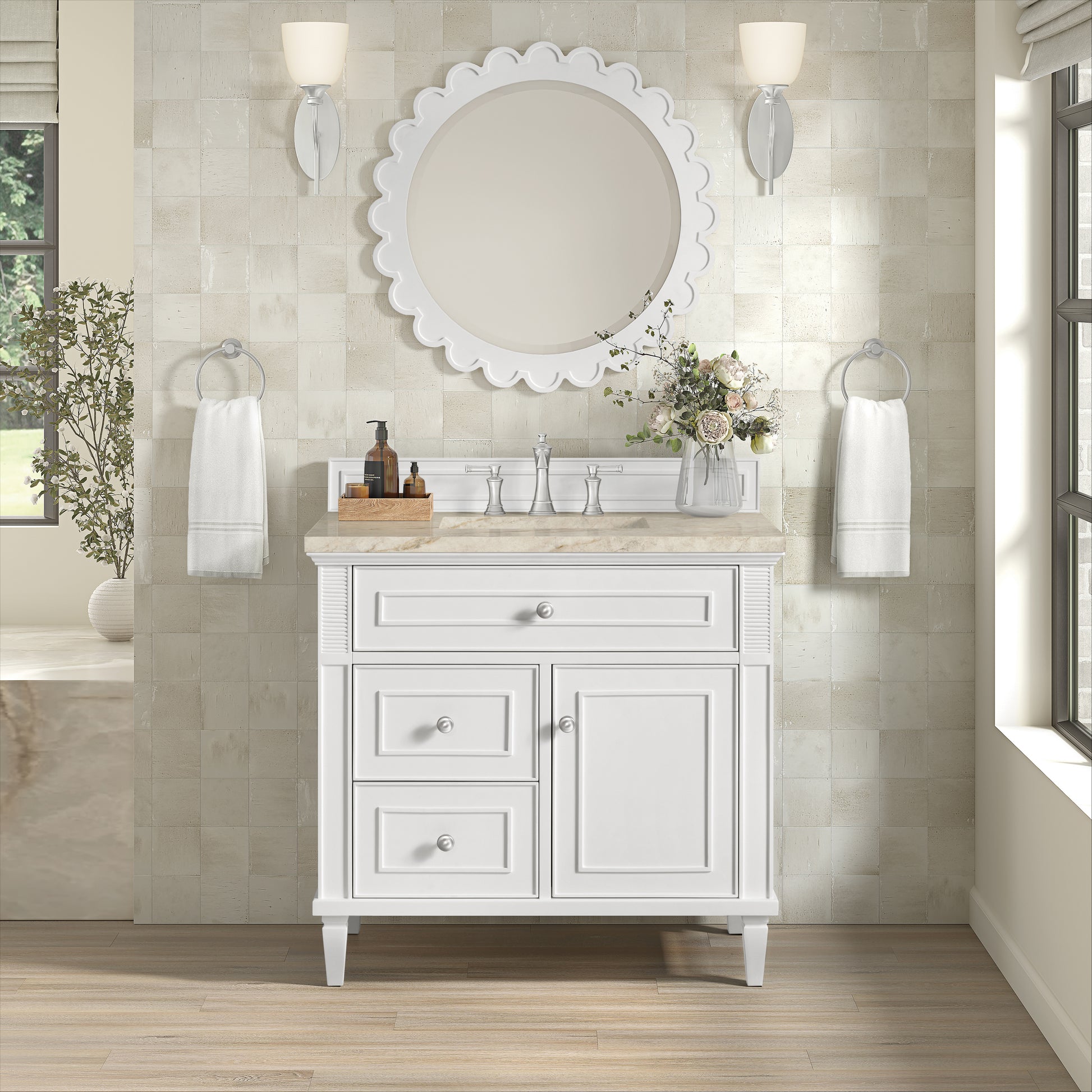 Renovate for Less Atlanta Lorelai 36" Single Vanity, Bright White, w/ 3 CM Tajnar Eclos Top
