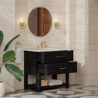 Renovate for Less Atlanta Lucian 36" Single Vanity, Carbon Oak, w/ 3 CM Siberian Silestone Widespread Top