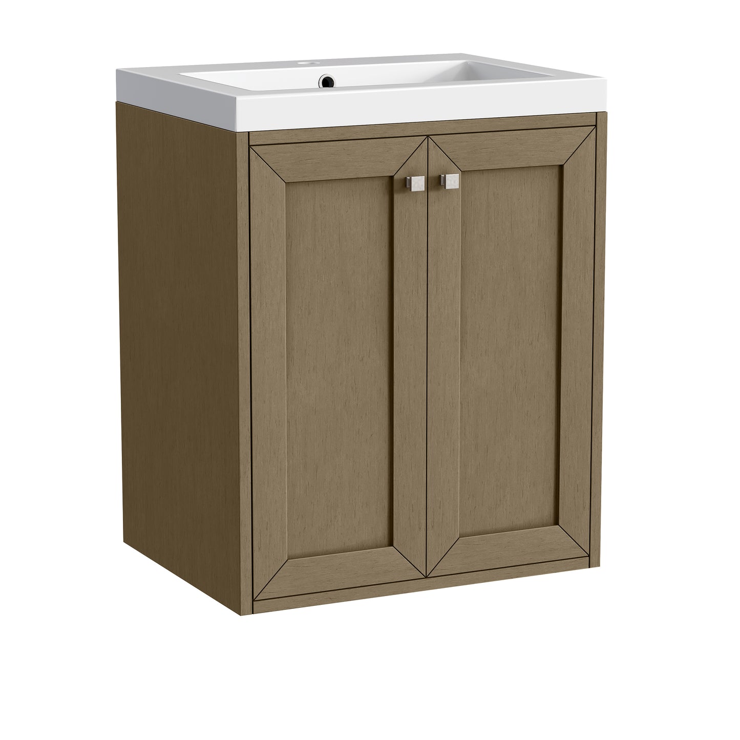 Renovate for Less Atlanta Chianti 24" Single Vanity, Walnut Whisper, Brushed Nickel, w/ White Glossy Composite Stone Top