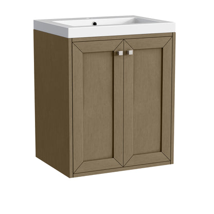 Renovate for Less Atlanta Chianti 24" Single Vanity, Walnut Whisper, Brushed Nickel, w/ White Glossy Composite Stone Top