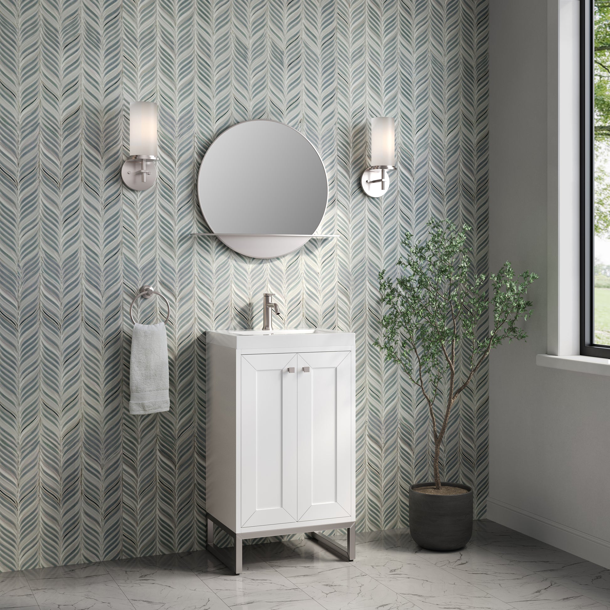 Renovate for Less Atlanta Chianti 20" Single Vanity, Glossy White, Brushed Nickel, w/ White Glossy Composite Stone Top